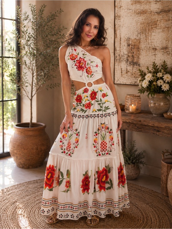 FARM Rio Dresses & Skirts - FARM Rio White One-Shoulder Embroidered Floral Maxi Dress